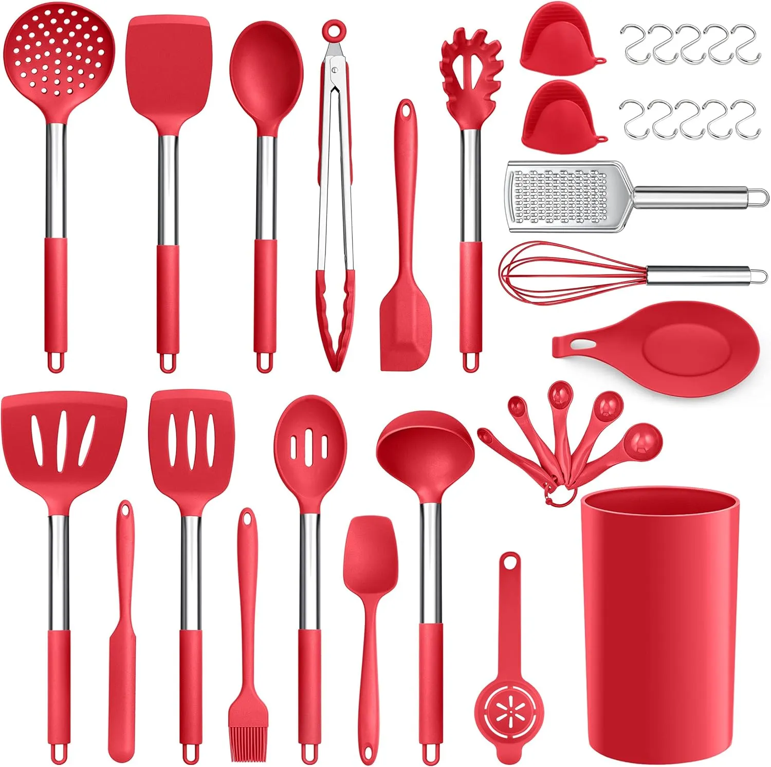 LIANYU Kitchen Cooking Utensils Set, 35-Piece Silicone Cooking Utensils Spatula Set with Holder, Non-stick Heat Resistant Cookware with Stainless Steel Handle, Red