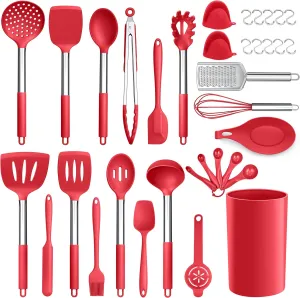 LIANYU Kitchen Cooking Utensils Set, 35-Piece Silicone Cooking Utensils Spatula Set with Holder, Non-stick Heat Resistant Cookware with Stainless Steel Handle, Red