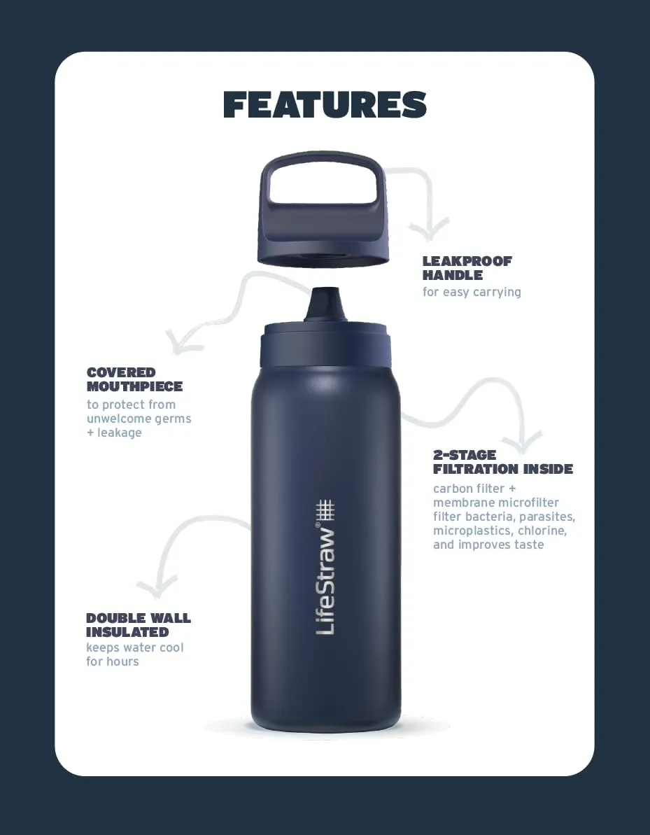 LifeStraw Go Series — Insulated Stainless Steel Water Filter Bottle for Travel and Everyday Use Removes Bacteria, Parasites and Microplastics, Improves Taste, 1L Kyoto Orange