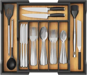 Lifewit Silverware Drawer Organizer, Bamboo Utensil Tray for Kitchen, Expandable Flatware and Cutlery Holder, Adjustable Storage for Spoons Forks Knives, Large, Natural and Black