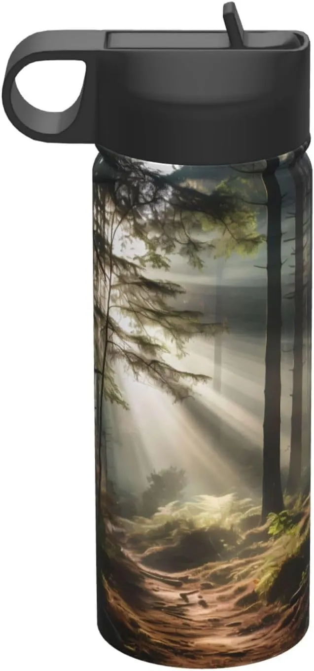 Light in the Forest Sports Insulated Water Bottle, 18OZ Stainless Steel Straw Water Bottle for Camping Fitness Outdoor Hiking