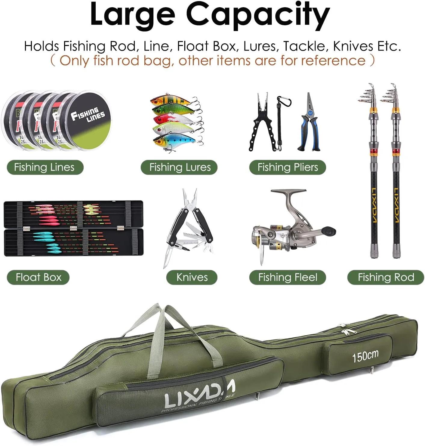 Lixada Fishing Rod Case, Portable Folding Fishing Rod Case Fishing Pole Reel Storage Bag Fishing Gears Organizer