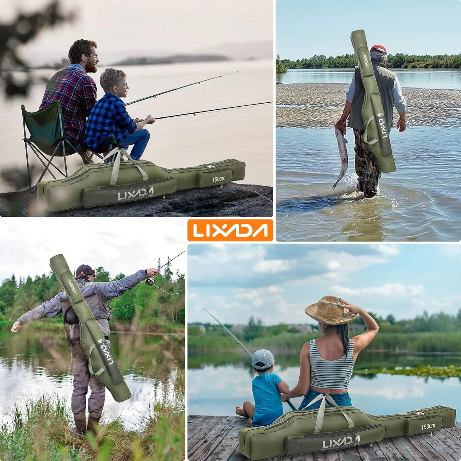 Lixada Fishing Rod Case, Portable Folding Fishing Rod Case Fishing Pole Reel Storage Bag Fishing Gears Organizer
