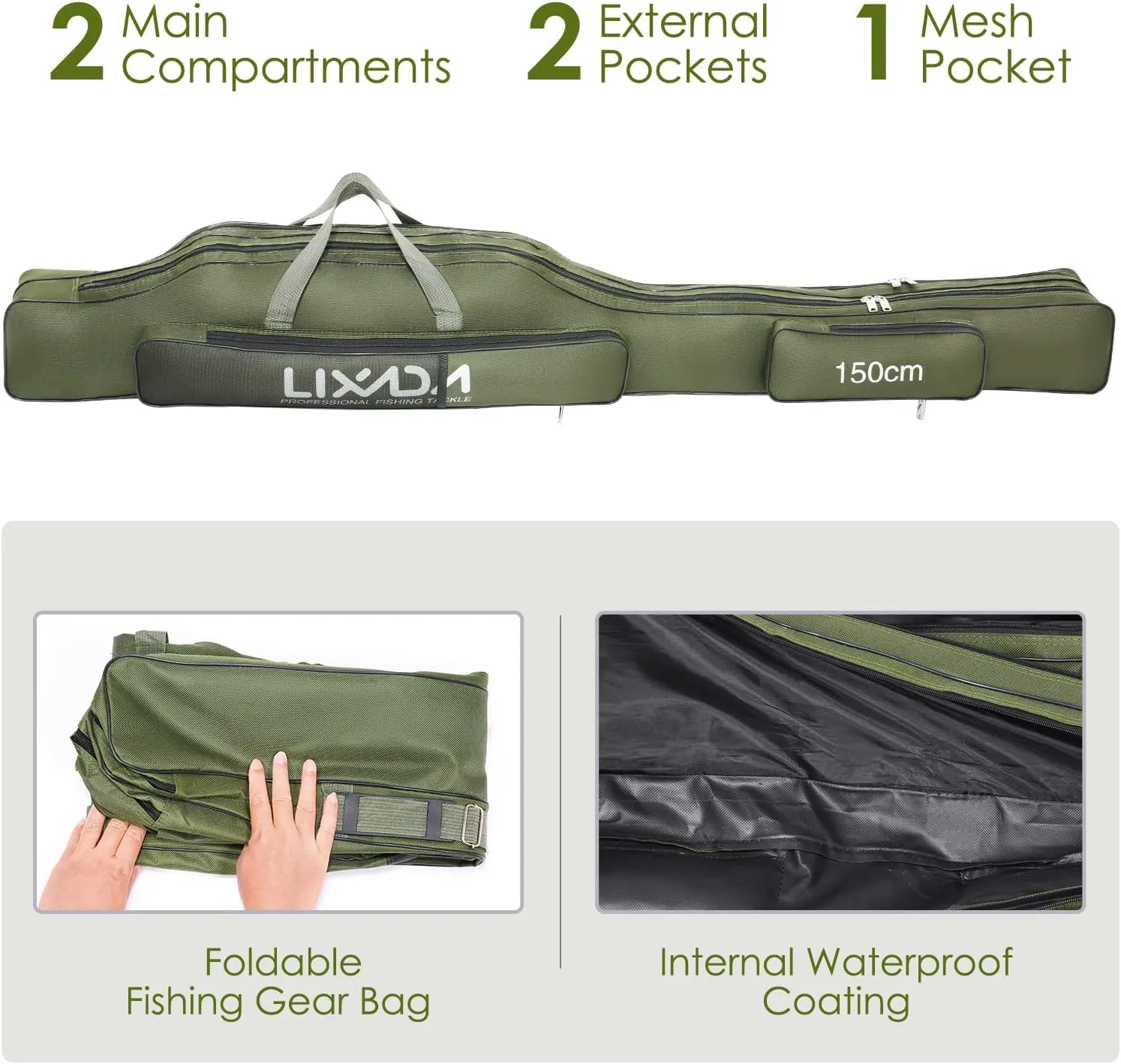 Lixada Fishing Rod Case, Portable Folding Fishing Rod Case Fishing Pole Reel Storage Bag Fishing Gears Organizer