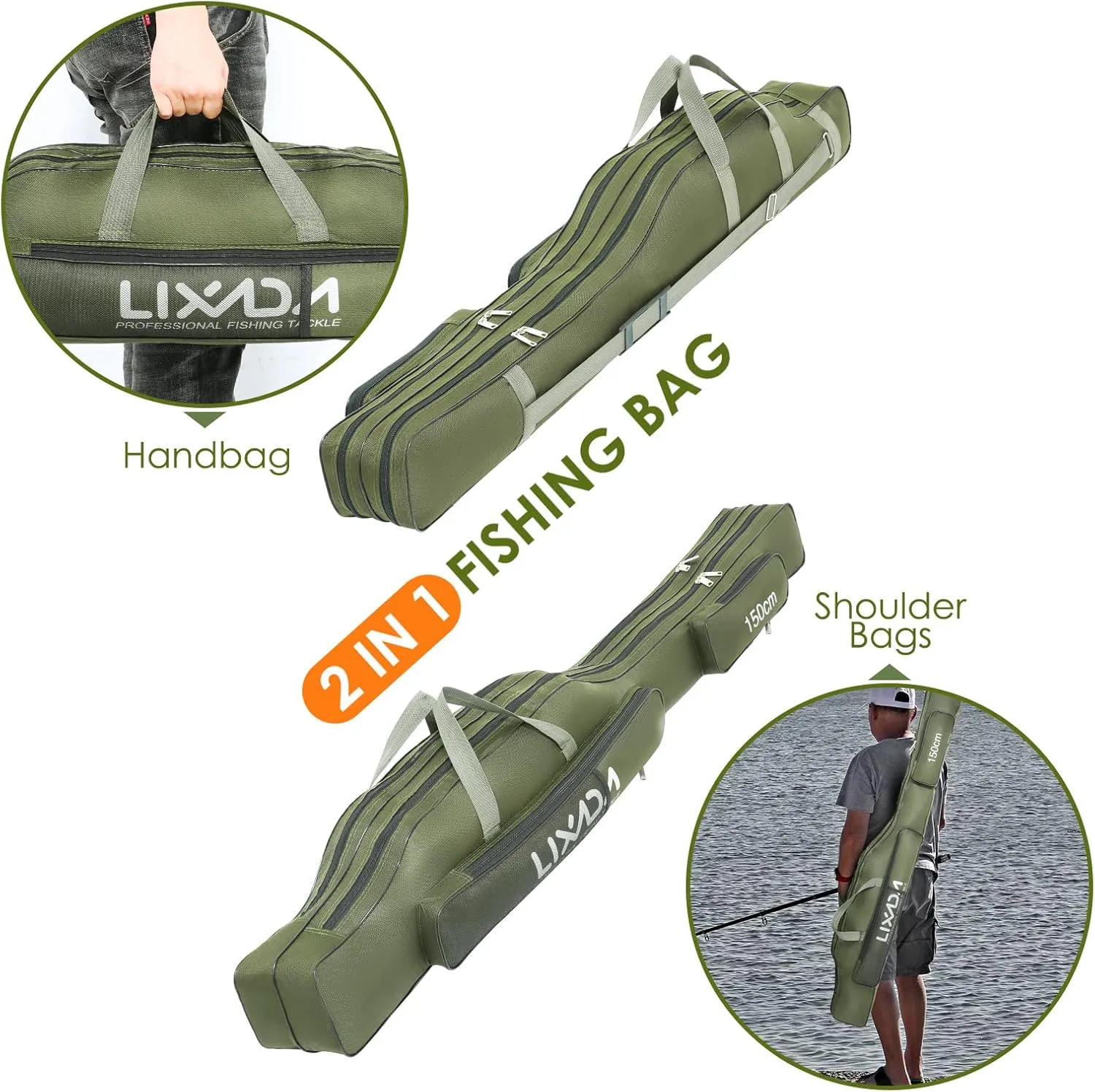 Lixada Fishing Rod Case, Portable Folding Fishing Rod Case Fishing Pole Reel Storage Bag Fishing Gears Organizer