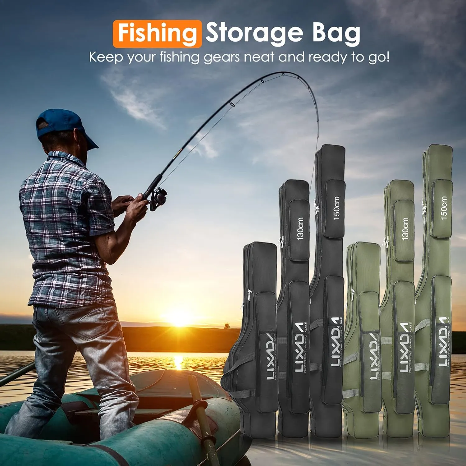 Lixada Fishing Rod Case, Portable Folding Fishing Rod Case Fishing Pole Reel Storage Bag Fishing Gears Organizer
