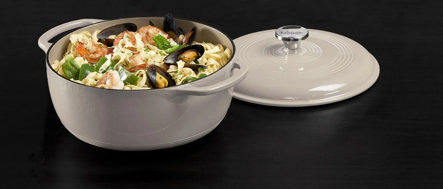 Lodge 6 Quart Enameled Cast Iron Dutch Oven with Lid – Dual Handles, Oven Safe up to 500°F, Stovetop Compatible – Marinate, Cook, Bake, Refrigerate & Serve – Oyster White
