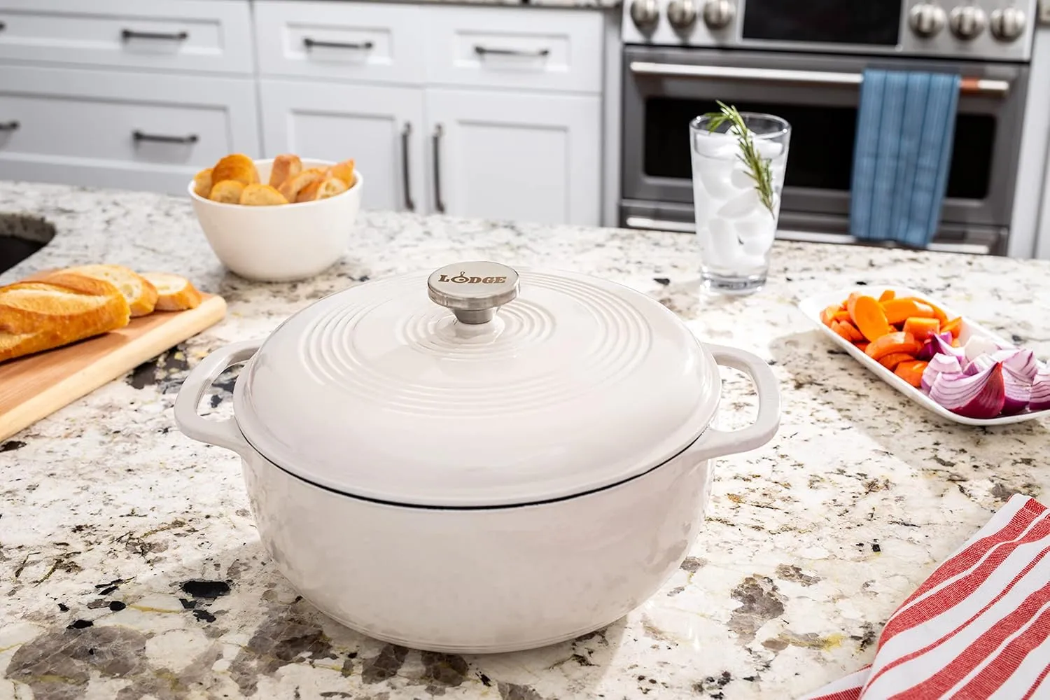 Lodge 6 Quart Enameled Cast Iron Dutch Oven with Lid – Dual Handles, Oven Safe up to 500°F, Stovetop Compatible – Marinate, Cook, Bake, Refrigerate & Serve – Oyster White