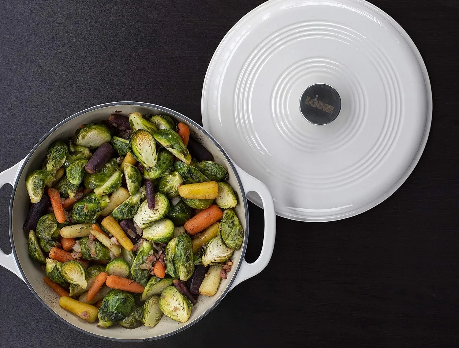 Lodge 6 Quart Enameled Cast Iron Dutch Oven with Lid – Dual Handles, Oven Safe up to 500°F, Stovetop Compatible – Marinate, Cook, Bake, Refrigerate & Serve – Oyster White