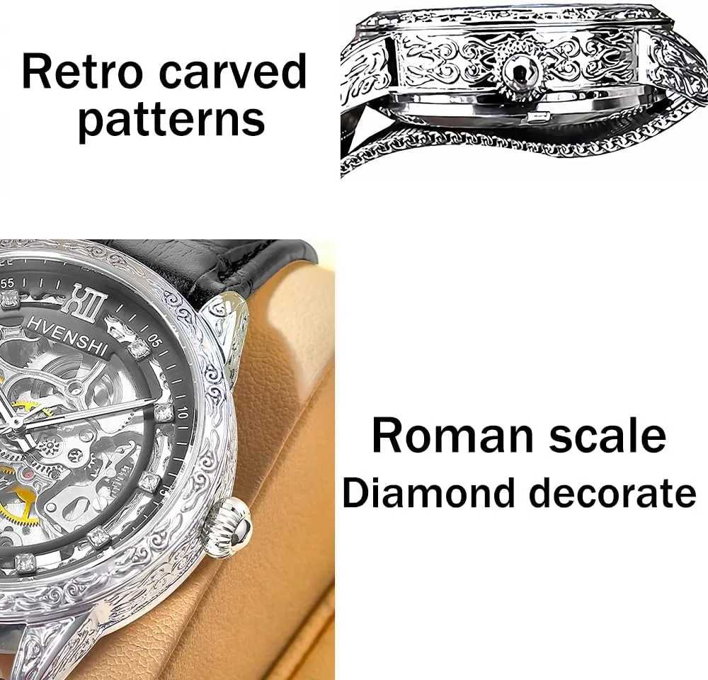 Luxury Skeleton Automatic Mens Watches Retro Carving Dial Waterproof Mechanical Watches Carved Movement Diamond Dial Leather/Steel Strap
