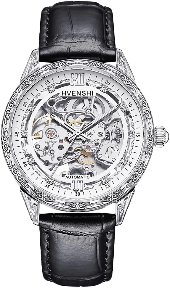 Luxury Skeleton Automatic Mens Watches Retro Carving Dial Waterproof Mechanical Watches Carved Movement Diamond Dial Leather/Steel Strap