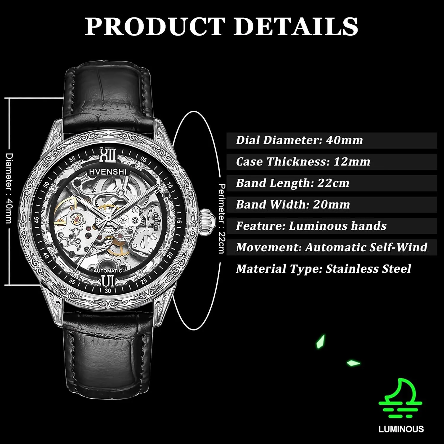 Luxury Skeleton Automatic Mens Watches Retro Carving Dial Waterproof Mechanical Watches Carved Movement Diamond Dial Leather/Steel Strap