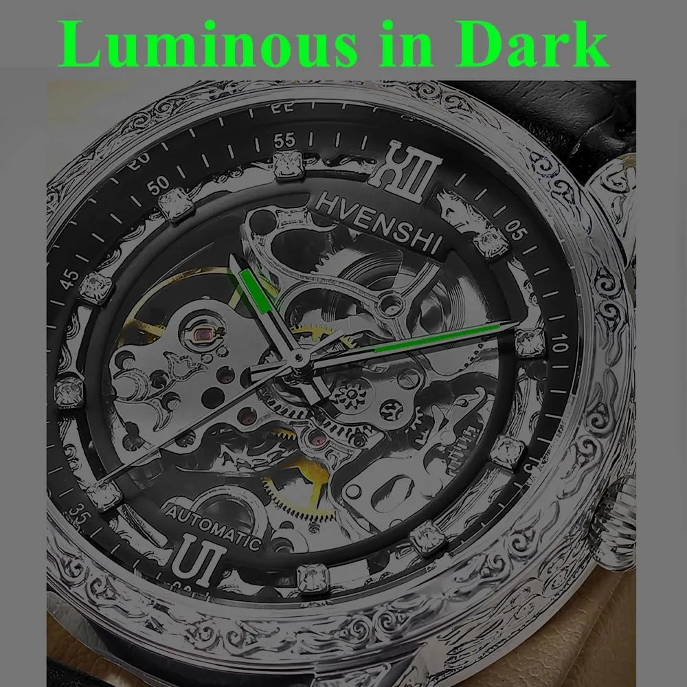 Luxury Skeleton Automatic Mens Watches Retro Carving Dial Waterproof Mechanical Watches Carved Movement Diamond Dial Leather/Steel Strap