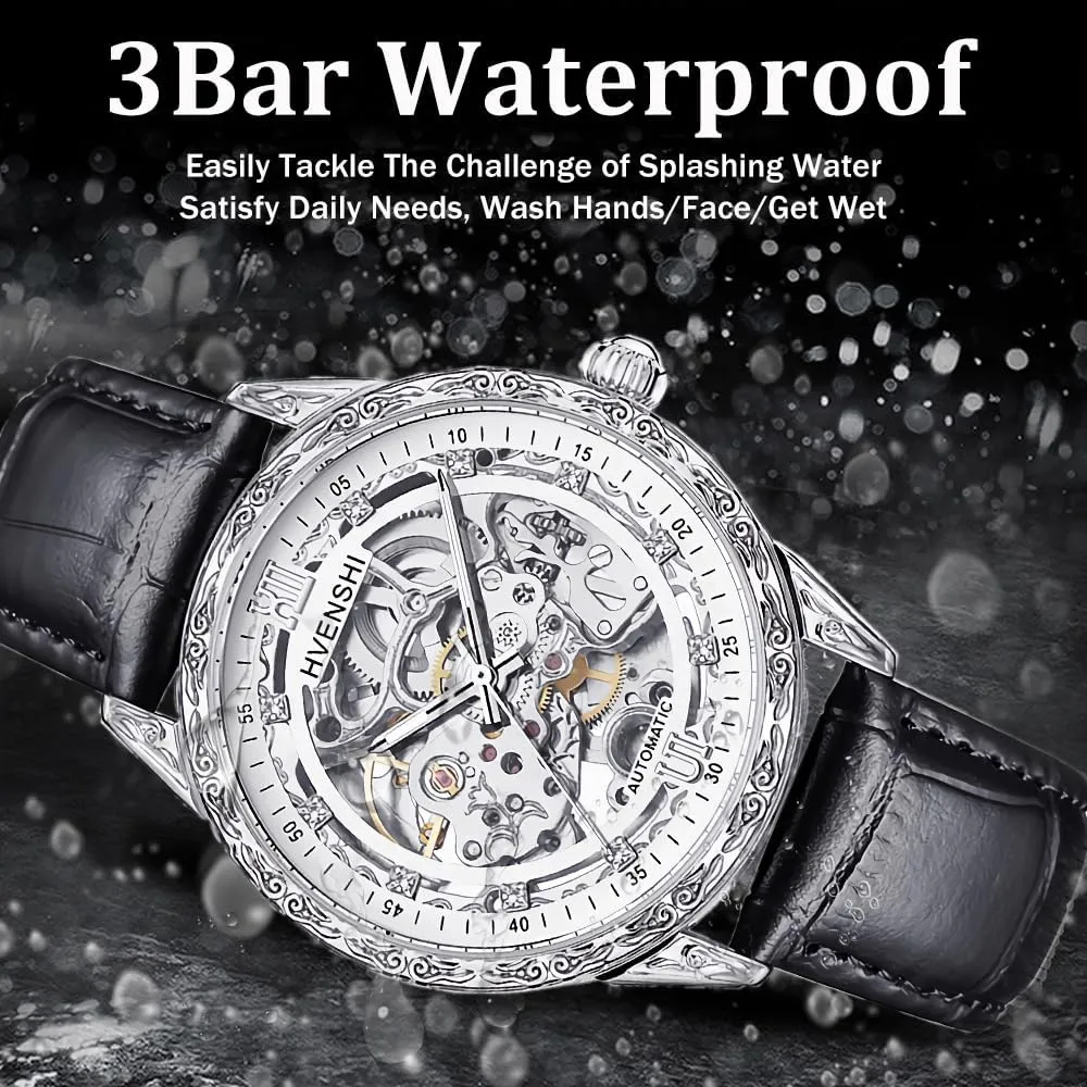Luxury Skeleton Automatic Mens Watches Retro Carving Dial Waterproof Mechanical Watches Carved Movement Diamond Dial Leather/Steel Strap