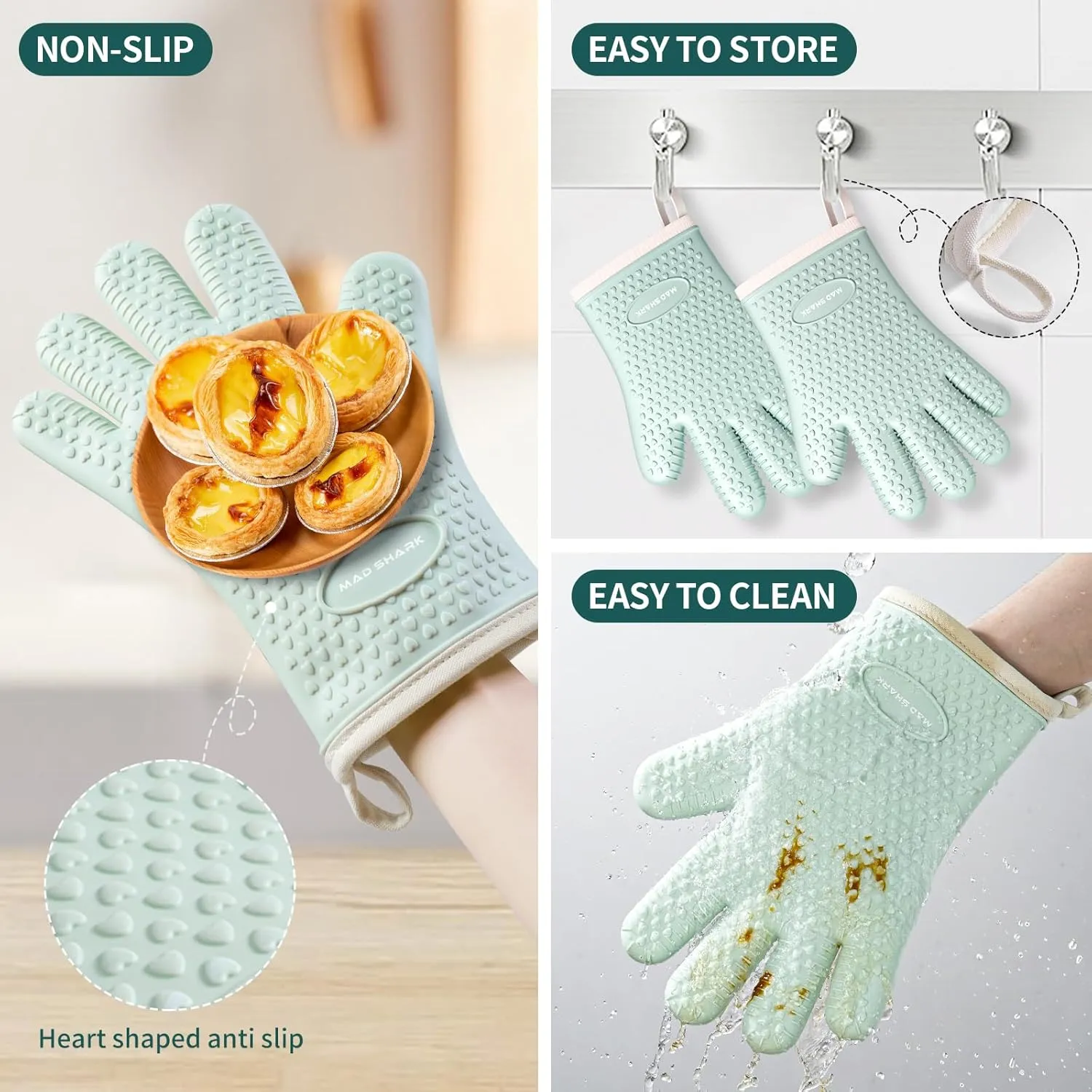 MAD SHARK Silicone Oven Mitts Heat Resistant 450 Degrees,Waterproof & Non-Slip Oven Gloves with Fingers,Cotton Lined Silicone Oven Gloves Kitchen Mitts for Baking Cooking Barbecue,Women (Green)