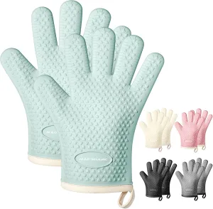 MAD SHARK Silicone Oven Mitts Heat Resistant 450 Degrees,Waterproof & Non-Slip Oven Gloves with Fingers,Cotton Lined Silicone Oven Gloves Kitchen Mitts for Baking Cooking Barbecue,Women (Green)