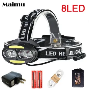 Maimu LED Headlamp 8 LED Headlight 12000lumens  Headlight USB Rechargeable 18650 Battery Head Lamp Lanterns Fishing Light D24