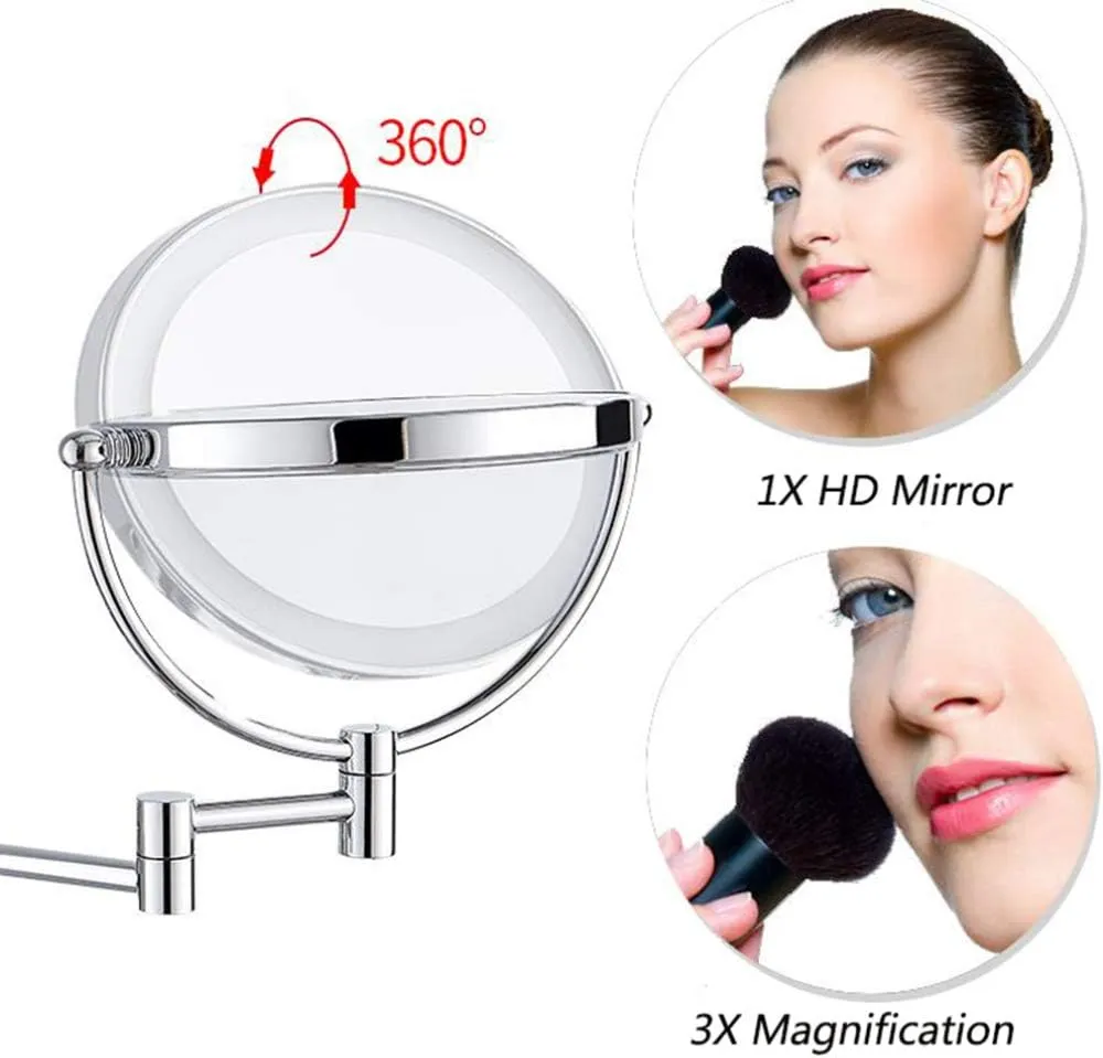 Makeup Vanity Mirror with Lights,Two-Sided Wall Mounted Beauty Mirror 3X Magnification Cosmetic Mirror 360° Swivel Bathroom Mirror Powered by Plug,SIL