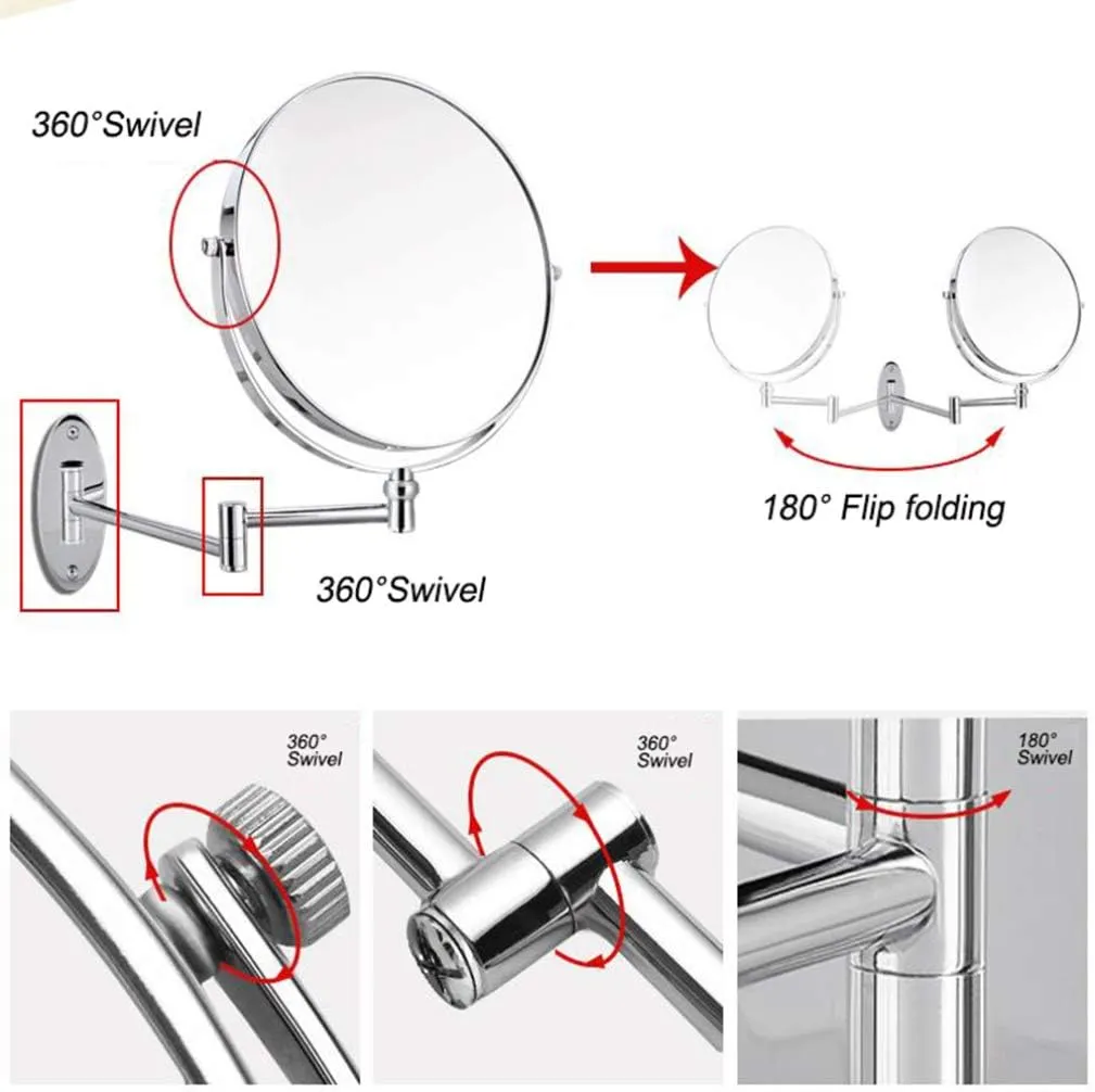Makeup Vanity Mirror,Two-Sided Wall Mounted Beauty Mirror 3X Magnification Bathroom Mirror 360°Swivel Extendable Cosmetic Mirror,Silver(8inch)