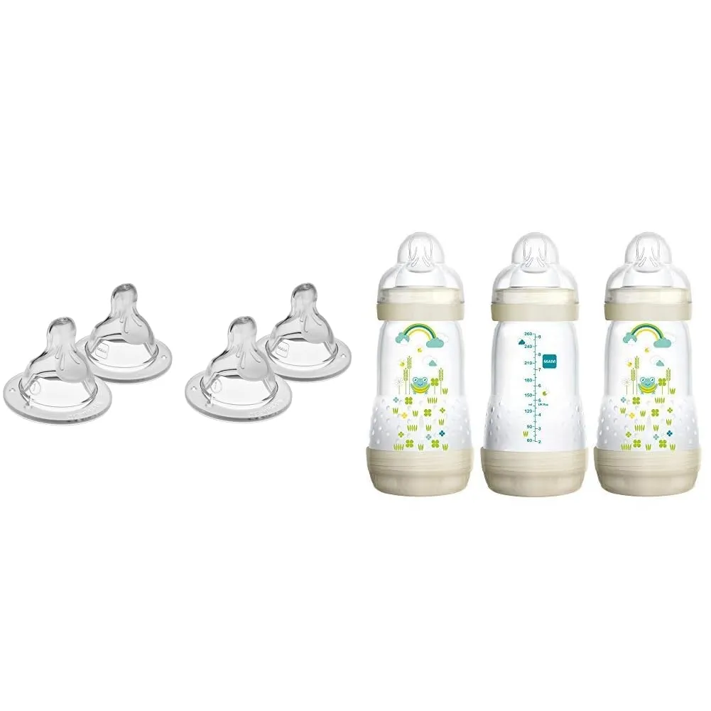 MAM Bottle Nipples Slow Flow Nipple Level 1, for Newborns and Older, SkinSoft Silicone Nipples & Easy Start Anti-Colic Bottle, Baby Essentials, Medium Flow Bottles with Silicone Nipple