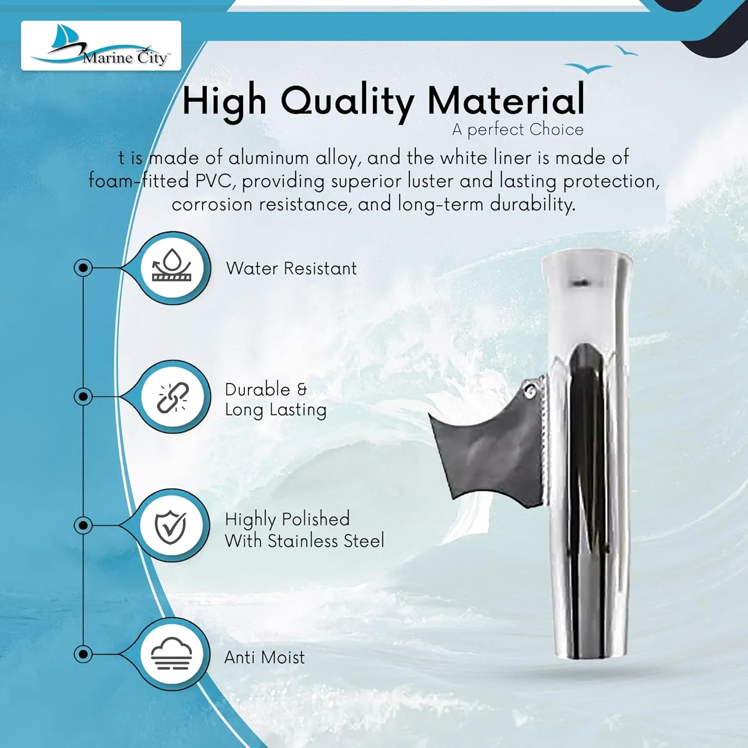 MARINE CITY Aluminum Flared Weld-on White Vinyl Insert Adjustable Fishing Rod Holder (Length: 10 Inches Dia.:1-7/8 Inches) for Marines – Boats – Ships – Yachts