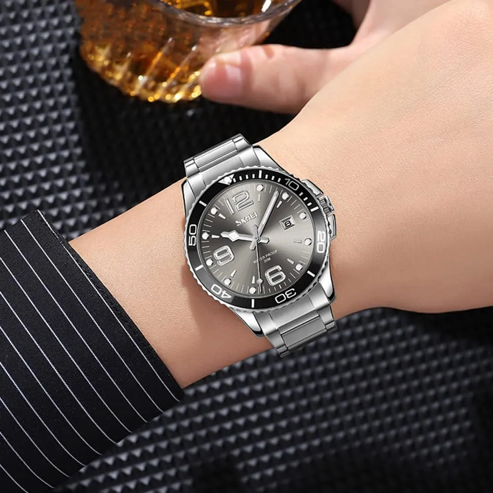 MASTOP Mens Fashion Watches Rotatable Bezel Stainless Steel Band Date Luxury Business Blue Waterproof Luminous Analog Quartz Wristwatches