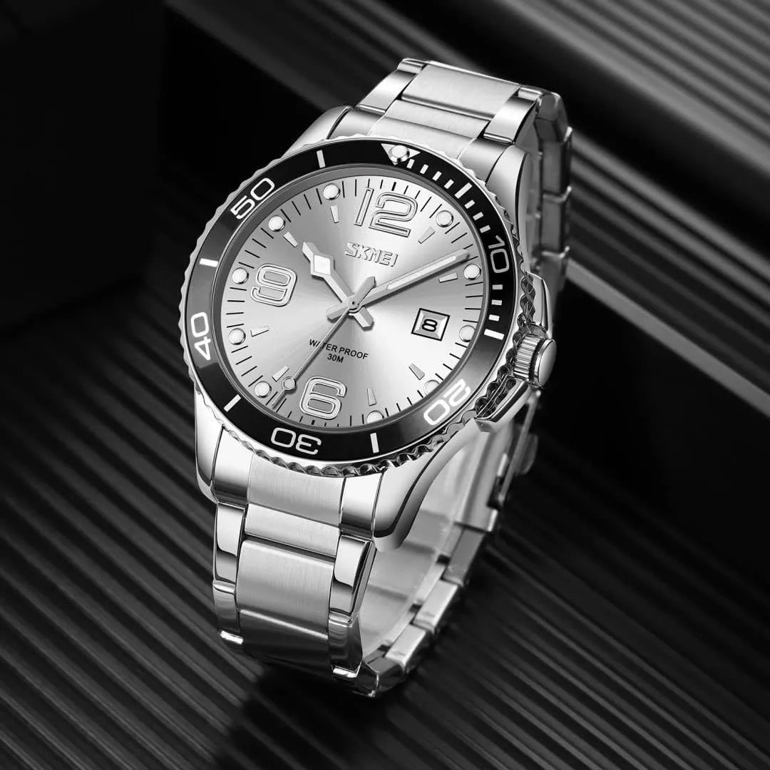 MASTOP Mens Fashion Watches Rotatable Bezel Stainless Steel Band Date Luxury Business Blue Waterproof Luminous Analog Quartz Wristwatches