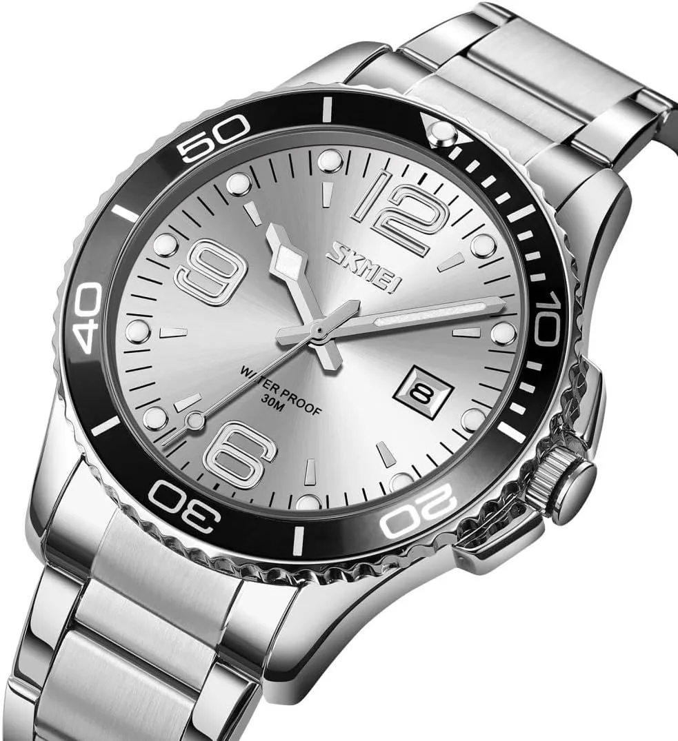 MASTOP Mens Fashion Watches Rotatable Bezel Stainless Steel Band Date Luxury Business Blue Waterproof Luminous Analog Quartz Wristwatches
