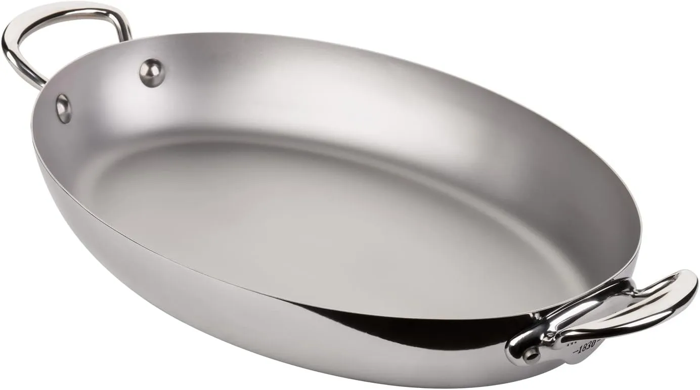 Mauviel M'Cook 5-Ply Polished Stainless Steel Oval Pan With Cast Stainless Steel Handles, 13.8-in, Made In France