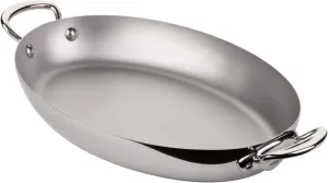 Mauviel M'Cook 5-Ply Polished Stainless Steel Oval Pan With Cast Stainless Steel Handles, 13.8-in, Made In France