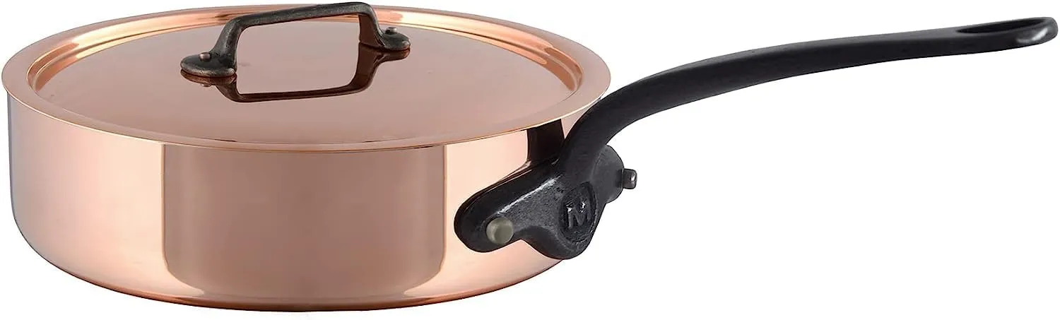 Mauviel M'Heritage M150CI 1.5mm Polished Copper & Stainless Steel Saute Pan With Lid, And Cast Iron Handles, 1.8-qt, Made in France