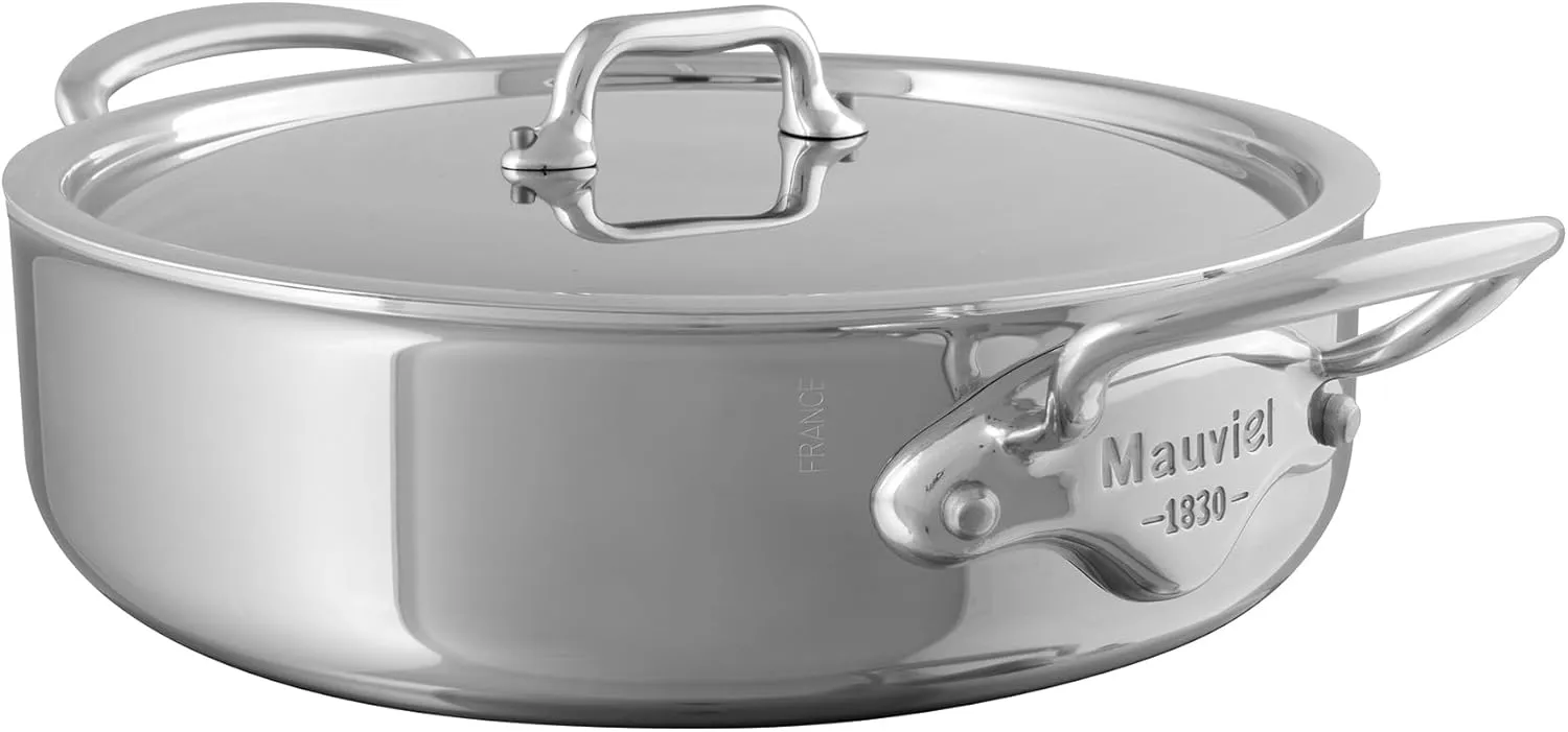 Mauviel M'Urban 4 Tri-Ply Polished Stainless Steel Rondeau With Lid And Cast Stainless Steel Handle, 3.2-Qt, Made In France