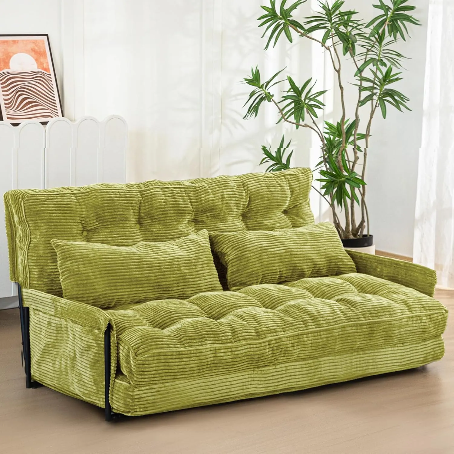 MAXYOYO Adjustable Floor Sofa Couch, Multi-Functional Bean Bag Bed with 2 Pillows, 5-Position Foldable Sleeper Bed, Versatile Floor Seating Sofa for Reading Gaming, Green