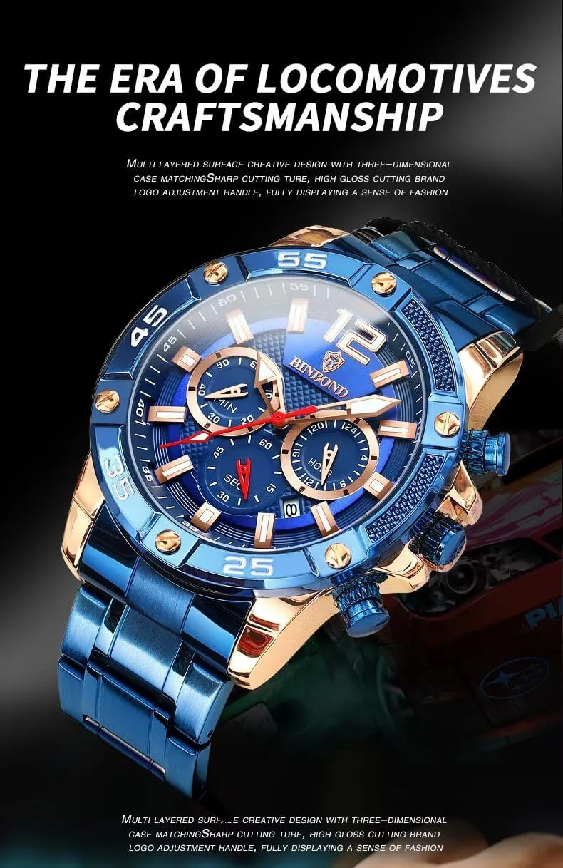 Men's Chronograph Sports Watches Fashion Men's Quartz Wrist Watches 3Bar Waterproof Stainless Steel Auto Date Luminous Clock Dress Business Watch