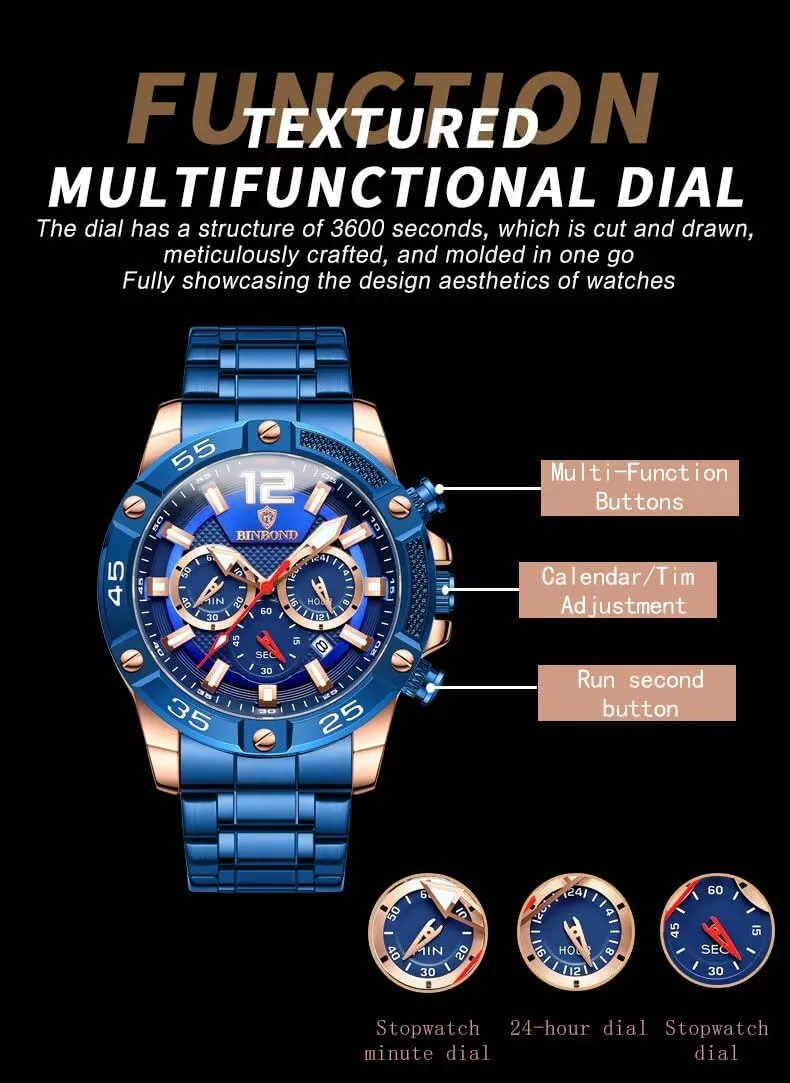 Men's Chronograph Sports Watches Fashion Men's Quartz Wrist Watches 3Bar Waterproof Stainless Steel Auto Date Luminous Clock Dress Business Watch