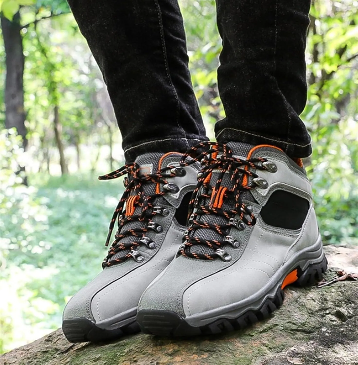 Men's Leather Lace Up Casual Hiking Boots Handmade Stitching Round Toe Outdoor Fashion High-top Sneakers Comfortable Lightweight Waterproof and Non-Slip Backpack Boots Trekking Ankle Boots for Men