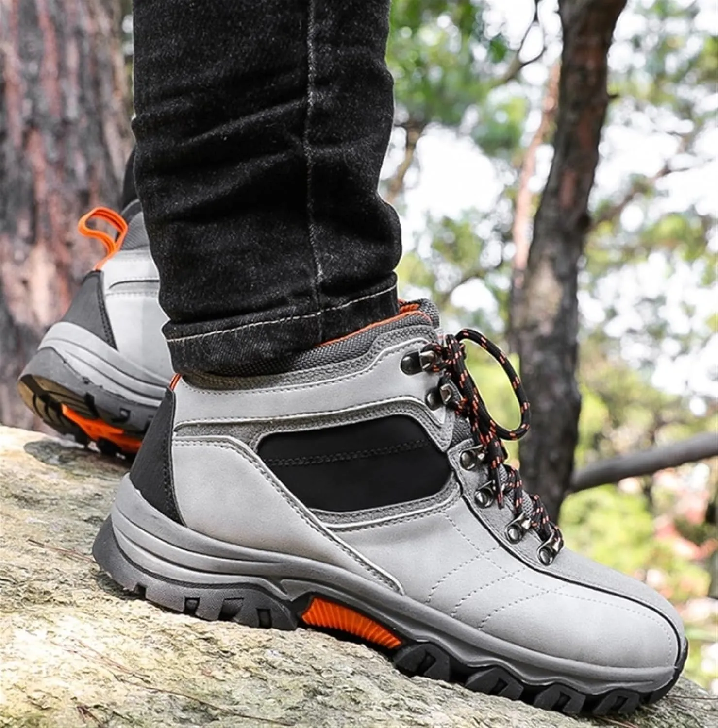 Men's Leather Lace Up Casual Hiking Boots Handmade Stitching Round Toe Outdoor Fashion High-top Sneakers Comfortable Lightweight Waterproof and Non-Slip Backpack Boots Trekking Ankle Boots for Men