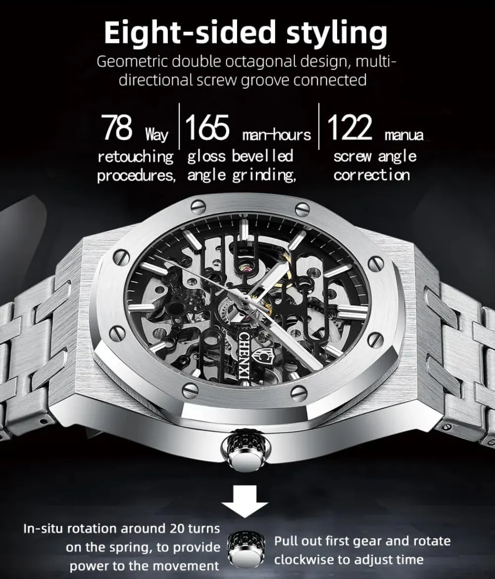 Mens Skeleton Automatic Mechanical Watch Fashion Hollow Dial Sport Wrist Watch Stainless Steel Waterproof Business Watches