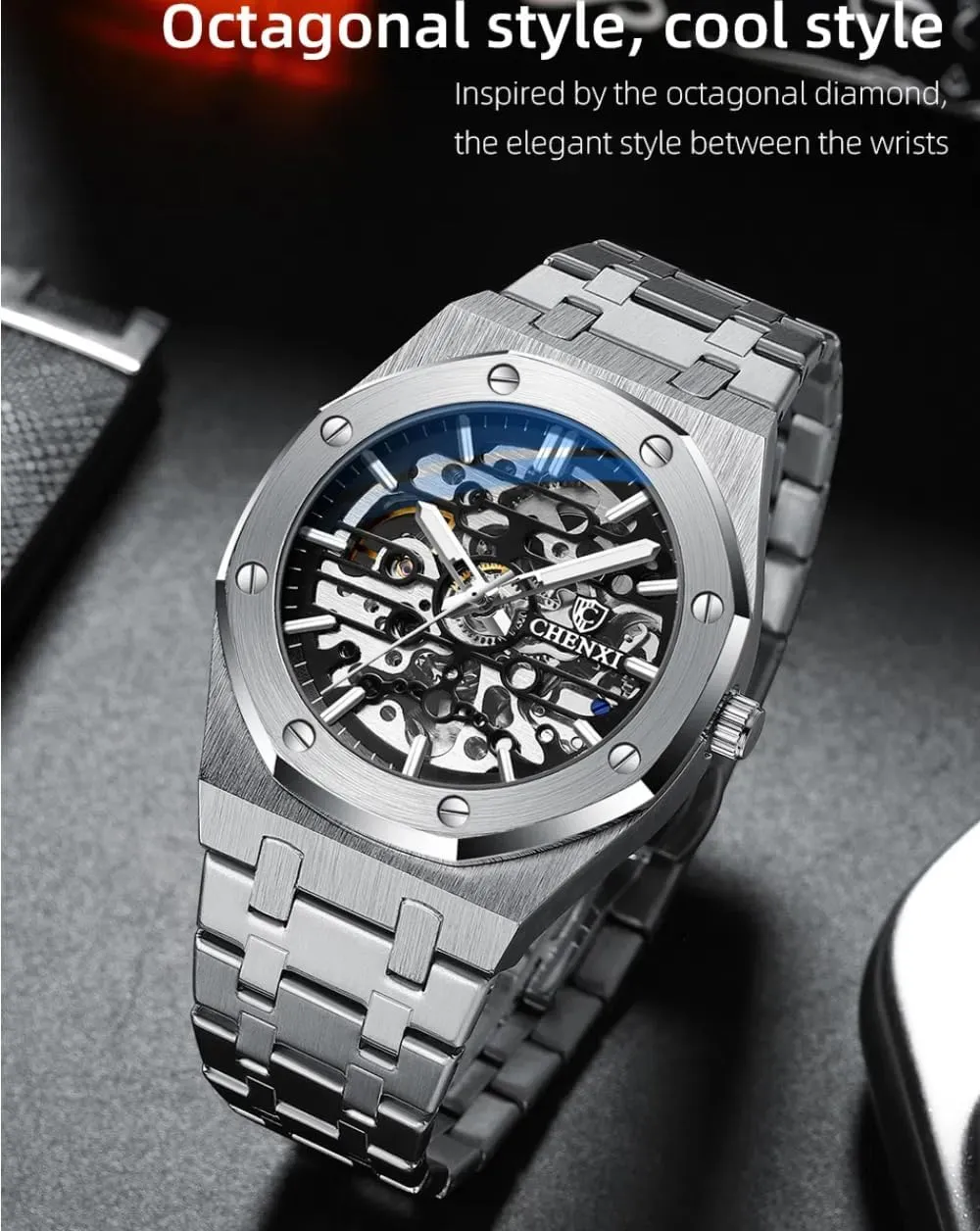 Mens Skeleton Automatic Mechanical Watch Fashion Hollow Dial Sport Wrist Watch Stainless Steel Waterproof Business Watches