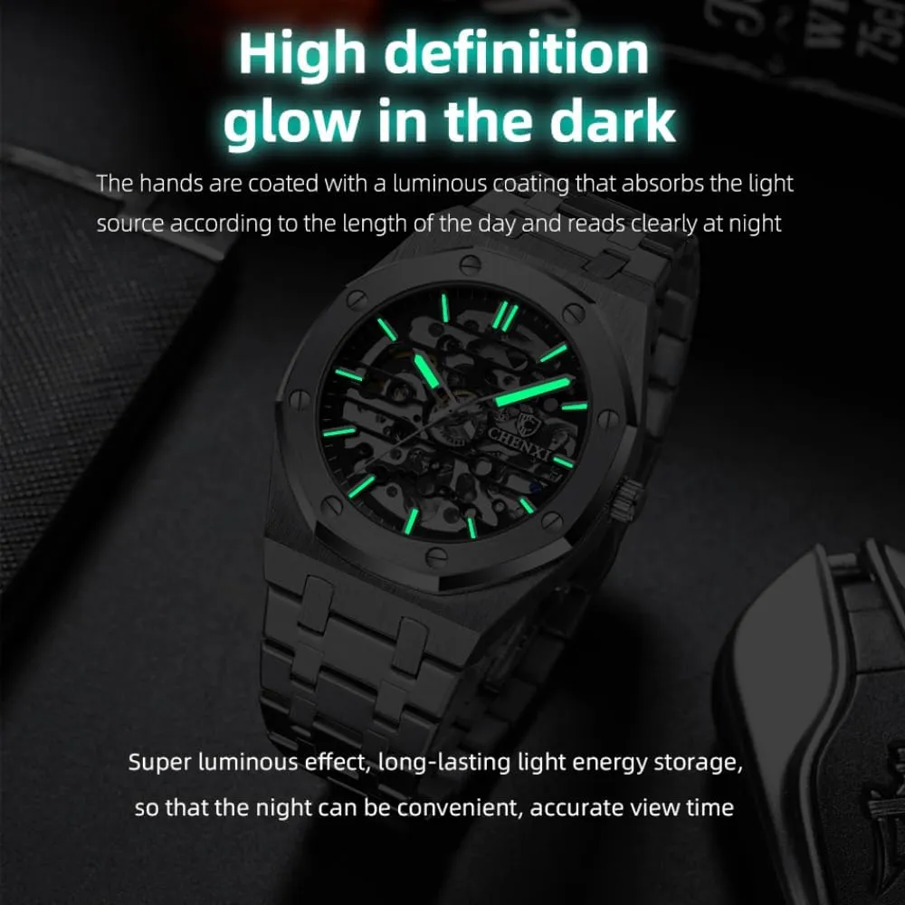 Mens Skeleton Automatic Mechanical Watch Fashion Hollow Dial Sport Wrist Watch Stainless Steel Waterproof Business Watches