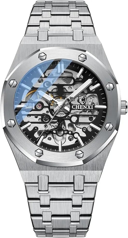Mens Skeleton Automatic Mechanical Watch Fashion Hollow Dial Sport Wrist Watch Stainless Steel Waterproof Business Watches