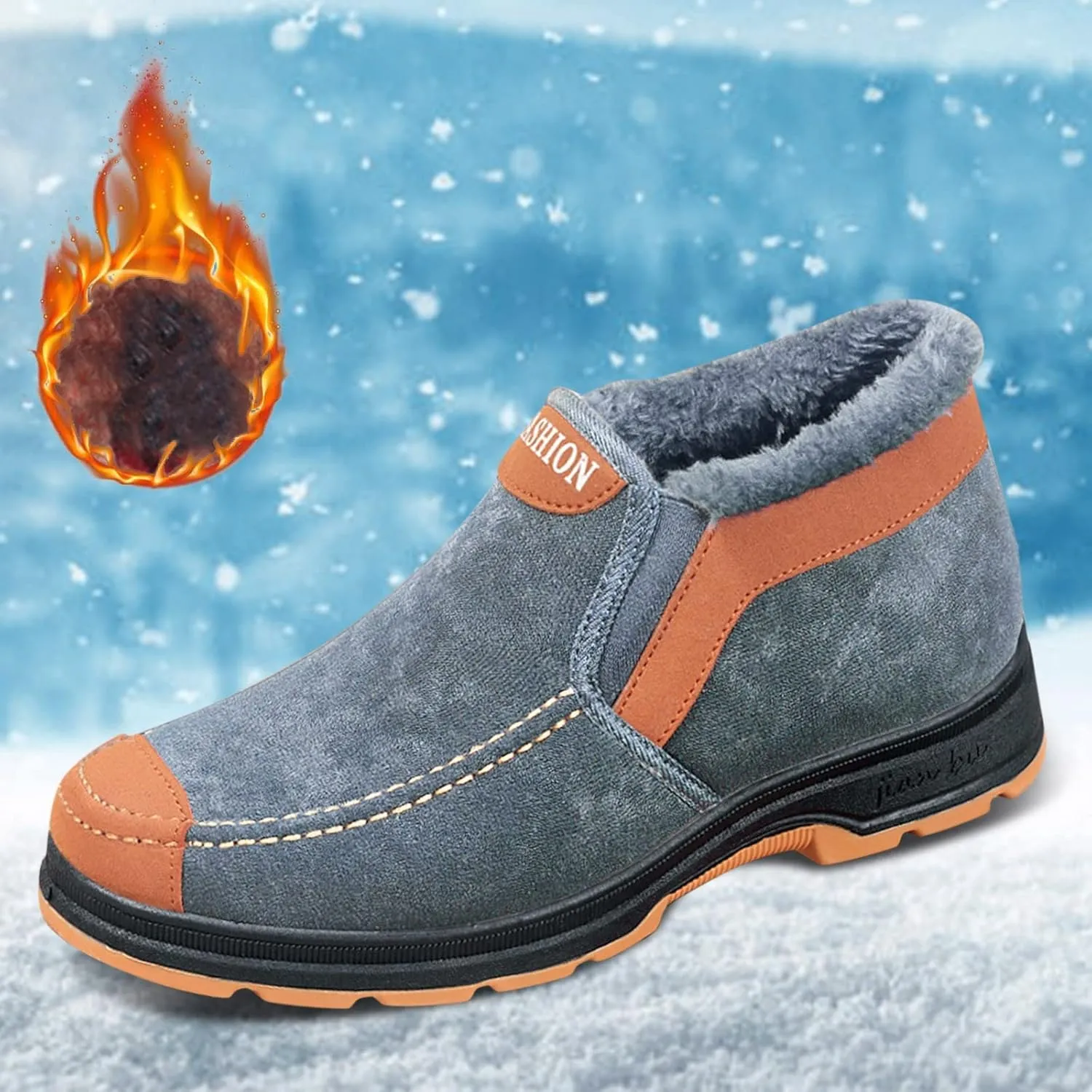 Men's Suede Ankle Boots Classic Slip On Furry Boots Fleece Lined Warm Winter Boots Non Slip Men's Insulated Rain Boots