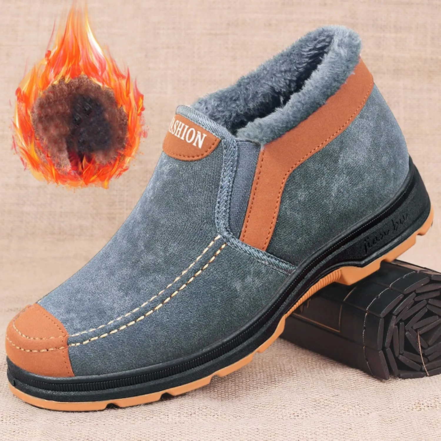 Men's Suede Ankle Boots Classic Slip On Furry Boots Fleece Lined Warm Winter Boots Non Slip Men's Insulated Rain Boots