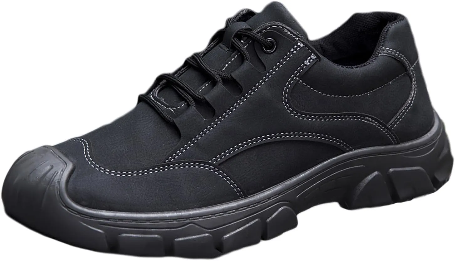 Men's Suede Lace up Non Slip Platform Hiking Shoes Low Top Comfortable Lightweight Waterproof Lug Sole Outdoor Sneakers for Camping Trekking Adventure Work Shoes