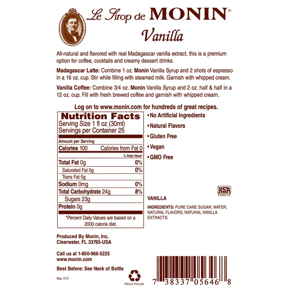 Monin - Vanilla Syrup, Versatile Flavor, Great for Coffee, Shakes, and Cocktails, Gluten-Free, Non-GMO (750 ml)