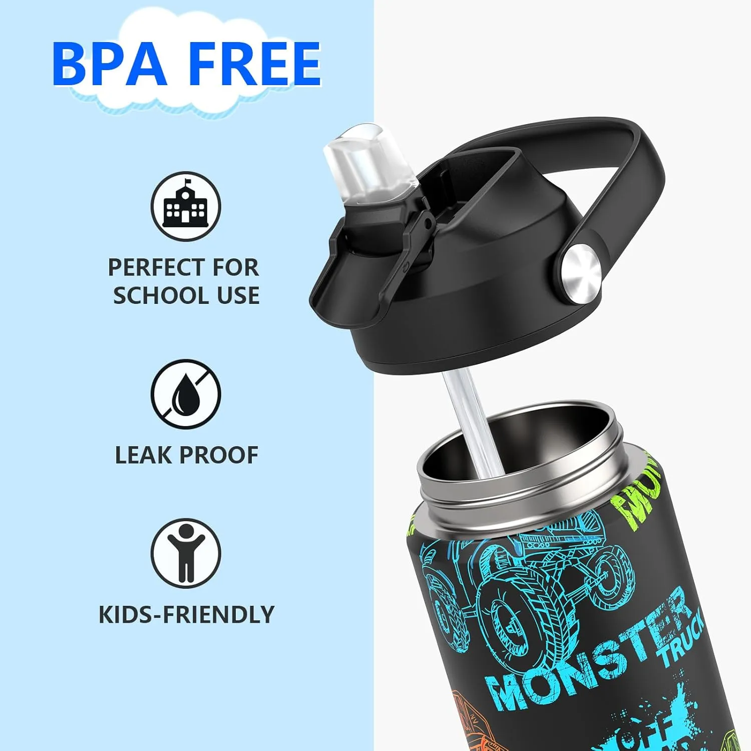 Monster Trucks Boys Water Bottle with Straw,18 oz Kids Insulated Cups with Stainless Steel Leak Proof for School,Sport&Travel