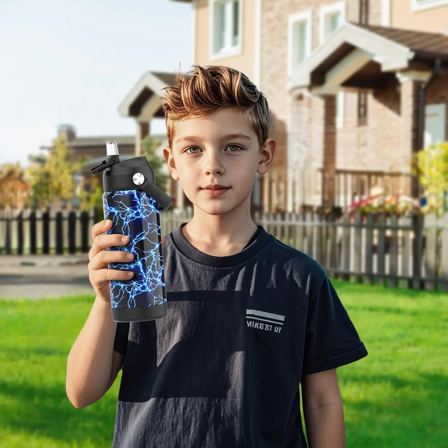 Monster Trucks Boys Water Bottle with Straw,18 oz Kids Insulated Cups with Stainless Steel Leak Proof for School,Sport&Travel