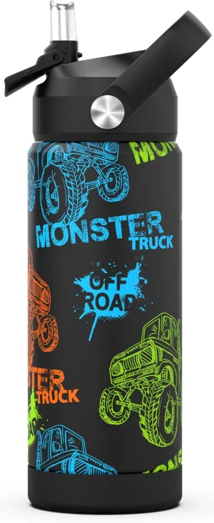 Monster Trucks Boys Water Bottle with Straw,18 oz Kids Insulated Cups with Stainless Steel Leak Proof for School,Sport&Travel