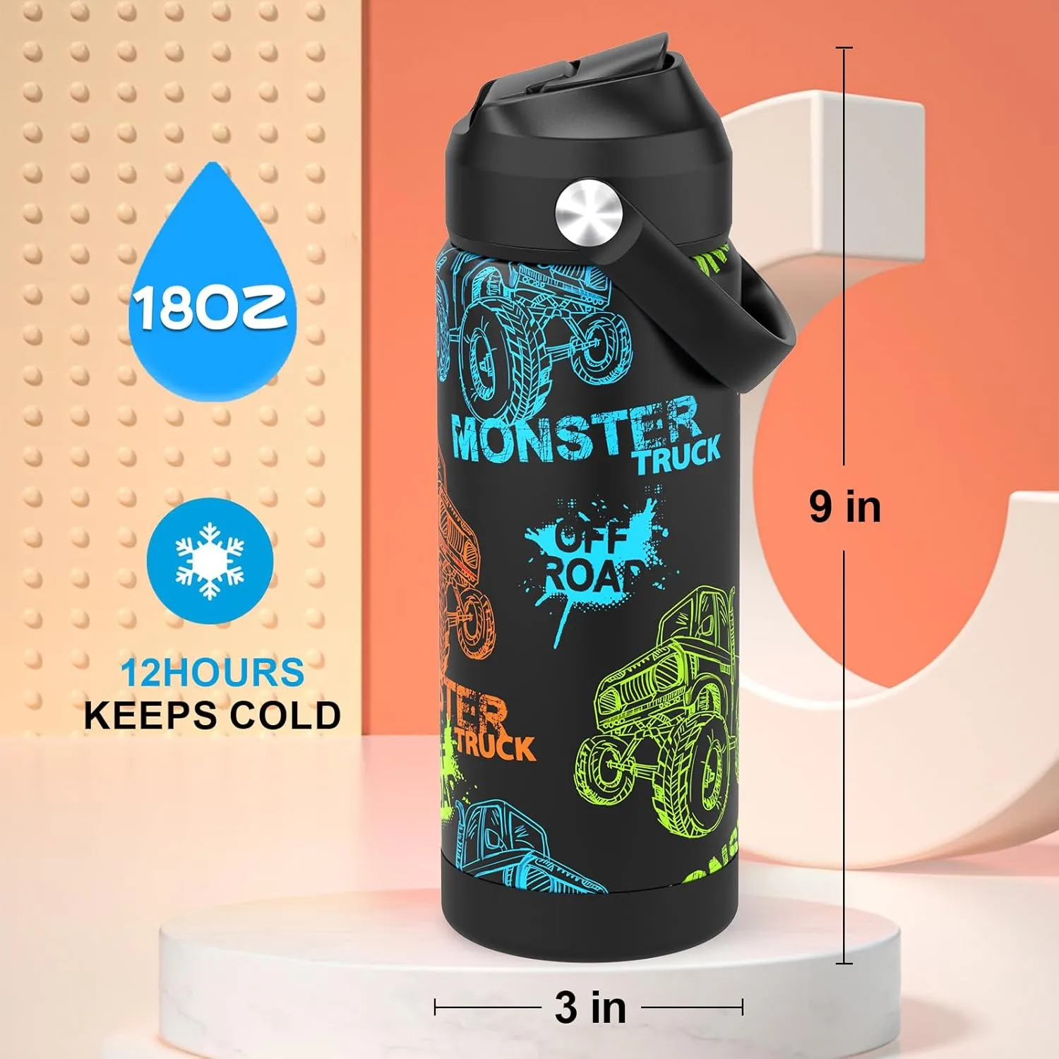 Monster Trucks Boys Water Bottle with Straw,18 oz Kids Insulated Cups with Stainless Steel Leak Proof for School,Sport&Travel