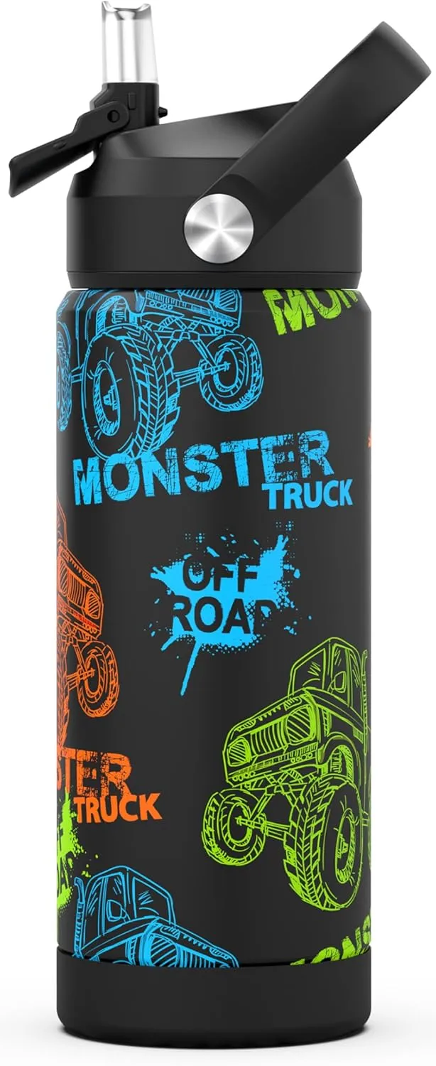 Monster Trucks Boys Water Bottle with Straw,18 oz Kids Insulated Cups with Stainless Steel Leak Proof for School,Sport&Travel